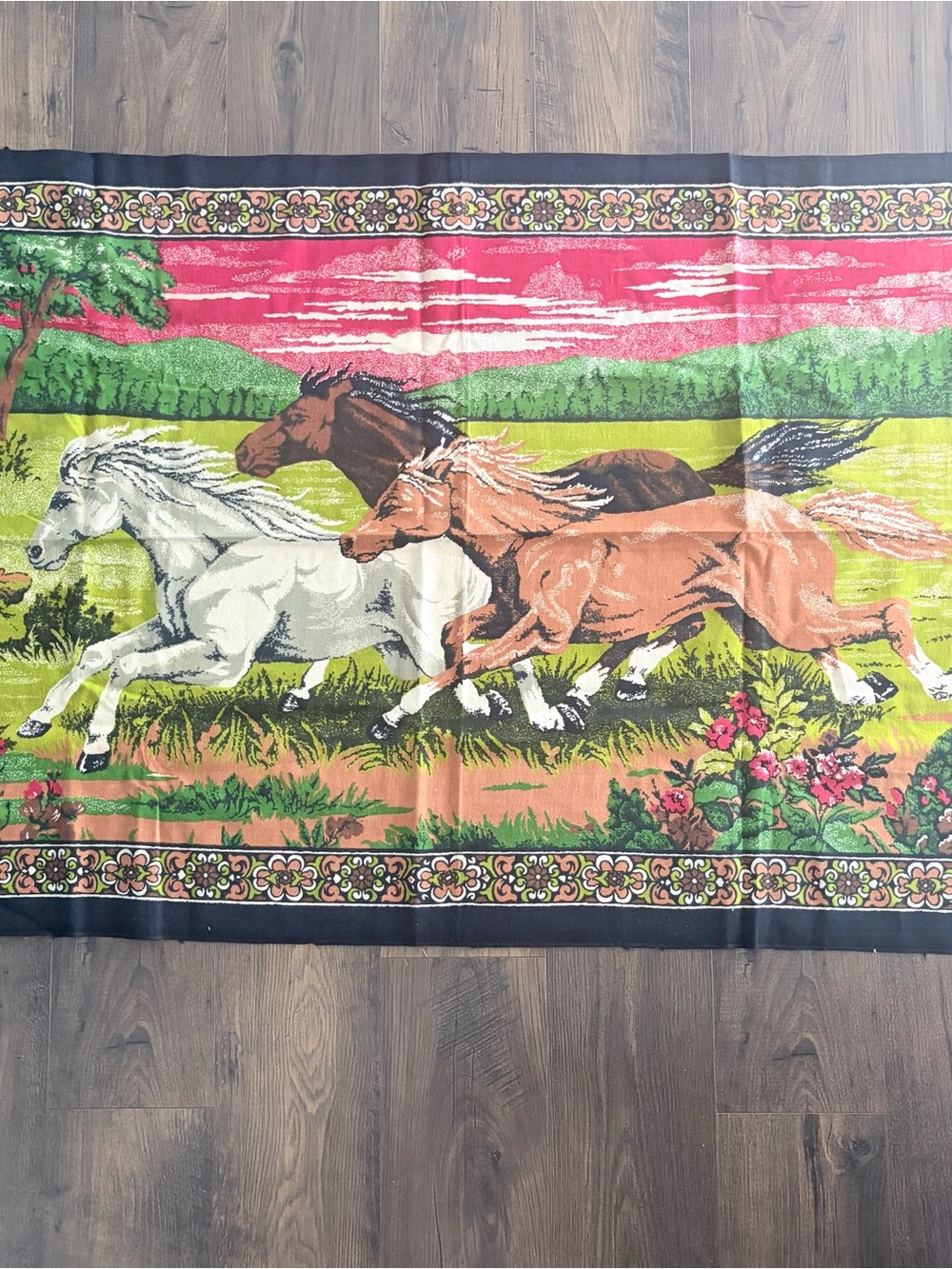 Vintage Jannie G. Wild Horses Tapestry Wall Hanging 100% Cotton Made in Turkey